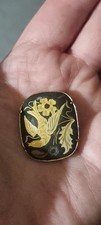 1940's Vintage Damascene Spanish Bird Flower Brooch Black Gold Trumpet Clasp Pin