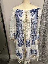 Sunovel Italy Boho Bardot Dress 100% Cotton Embroidered Tassel Lace Size 8-14 BN