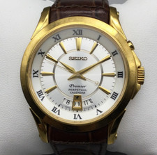 Seiko Premier Watch Men Perpetual Calendar 40mm Gold Tone New Battery