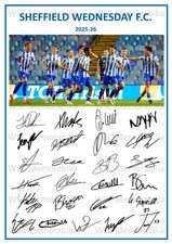 11904. 2025-26 Sheffield Wednesday Signed Team Photo Sheet PRINTED AUTOGRAPH A4