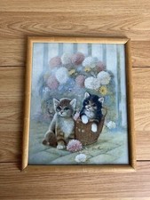 Vintage Cat Kitten Print Ruane Manning Framed Wall Art Chrysanthemum Flowers