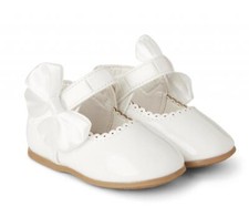 GIRLS WHITE BOW SHOES SPANISH STYLE PATENT MARY JANE PARTY WEDDING UK INFANT 3-8