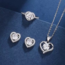 925 Sterling Silver Crystal Heart Pendant Necklace Stud Earrings Women Jewellery