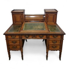 Antique Victorian Dickens green leather top 6 drawer kneehole writing desk Hobbs