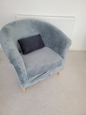 Ikea Cream Fabric Tub Chair (With Grey Cover) , Navy Cushion & Wooden legs