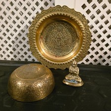 Antique Indian Brass Items x3 Including Deity Figure ornate Bowl & Dish