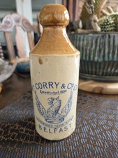 BELFAST BLUE PICTORIAL PRINT STONE GINGER BEER BOTTLE  ,Wm CORRY & Co LtD