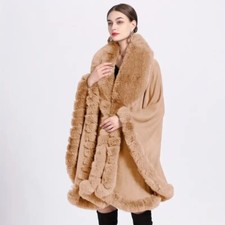 Women's Luxury Elegant V Lapel Rex Rabbit Faux Fur Jacket Cloak Windproof Shawl