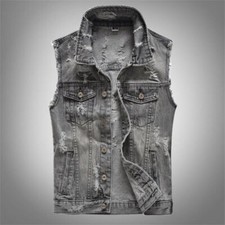 Mens Grey Denim Waistcoat Gilet Ripped Sleeveless Jeans Jacket Vest Biker Retro