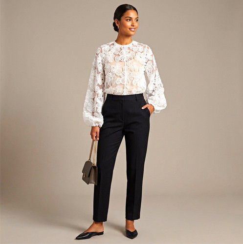 White sheer floral lace blouse - white,