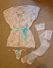 Ladies White Lace Baby Blue Wrap Lingerie Night Dress Top Black Stockings-S/M