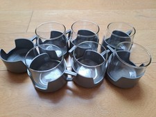 Set 6 Vintage Pyrex JAJ Drink Up Glass Cups Mugs Grey Holders + 1 Plastic Holder