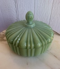Vintage Fire King Jadeite Ribbed Lidded Candy Trinket Dish