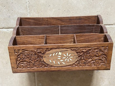 Vintage Indian Hand Carved Ornate Wooden Desk Box Letter Rack Storage VGC