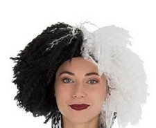 Cruella Black White Wig Womans Halloween TV Villain Fancy Dress Party Accessory
