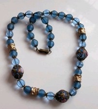 Retro Vintage Blue Lampwork Matt Gloss Glass Bead Necklace Chic Screw Clasp