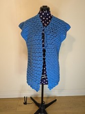 Vintage Retro Long Crochet Hippy Sleeveless Gown Vest Gilet Blue One size