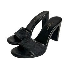 Gucci Heels Mules Logo  38 Monogram GG Vintage Black Leather Block Open Toe 5