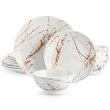 LOVECASA 12-Piece Dinnerware Set Porcelain Bowls and Plates Set Black/White/Pink