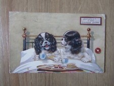 Old postcard - Breakfast in bed charged extra - Cute vintage Dogs