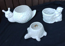 Set of 3 vintage ceramic planter pots - snail, cat and tortoise