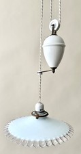 Vintage original French rise & fall ceiling light opaline coolie glass shade L