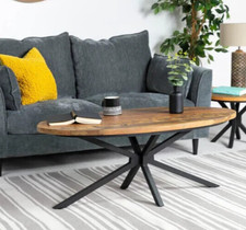 JAVA OVAL COFFEE TABLE IN DARK STAINED SLEEPER WOOD AND BLACK IRON LEGS RRP £349