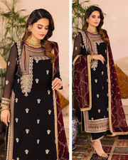 Pakistani Designer Embroidered Black Chiffon Unstitched Suit 3 PC Shalwar Kameez