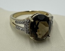 STUNNING 9K 9CT YELLOW GOLD SMOKY QUARTZ DIAMOND FANCY LADIES RING SIZE N