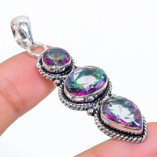 Mystic Topaz Gemstone Handmade 925 Sterling Silver Jewelry Pendant Size 2"