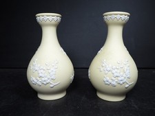 Pair of Wedgwood Primrose Yellow Jasperware Vases with White Prunus Blossom