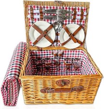 Picnic Basket 4 Person Traditional Wicker Hamper Set For Outdoor Summer Camping