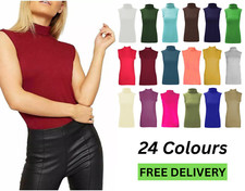 Womens Girls Plain Polo Vest Ladies Stretch Turtle High Neck Sleevelees Top 8-22