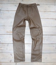 Women’s VTG Khaki 100% Leather Pleated Belted Biker Pants UK8 UK10 W27 L34 Tall