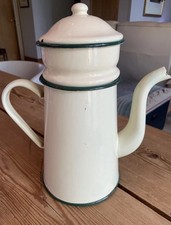 Vintage French Enamel Coffee Pot.  . Cream and green 1930s