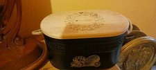 BLACK  METAL WOODEN TOP BREAD BIN WITH GINGHAM BREAD BAG INSERT.USED