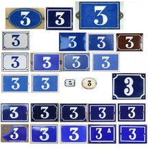 Old blue brown French house number 3 door gate wall plate plaque enamel sign