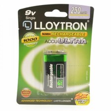 GENUINE LLOYTRON 9V PP3 250 mAh NiMH RECHARGEABLE BATTERY 2X LONGER 1000 CHARGES