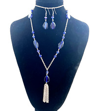 Cobalt Blue Glass Necklace & Earrings Metal Tassel Demi Parure Matching Set