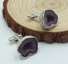 STUNNING LARGE VINTAGE STERLING SILVER 925 NATURAL AMETHYST GEODE CUFFLINKS