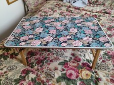 Vintage Wooden Hinged Picnic Table Pink Blue Floral Vinyl Top Folding