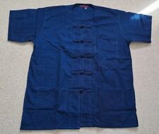 Men Chinese Mandarin Cotton Shirt Deep Blue Pankou Buttons Top Size Large