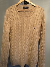 Mens POLO RALPH LAUREN Designer Camel Crew Neck Cotton Cable Knit Jumper Sz XL