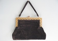 Antique Edwardian Bag Purse Large Filigree Pierced Brass Black Velvet Ladies