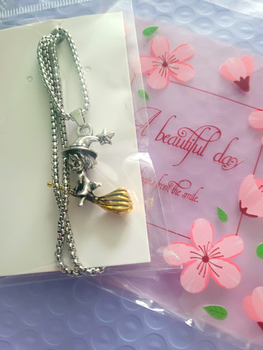 Silver tone witch broom - witch,