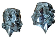 Art Deco Chrome Wall Masks Women’s Face Design Set Of 2