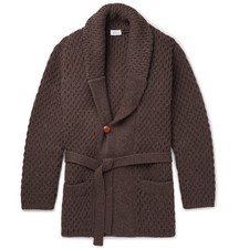 Brioni Shawl Collar Cable Knit Cardigan 54 Chunky Heavy Knit Brown RRP $2600