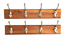 16" LONG x 3" DEEP, TRADITIONAL PINE WOOD HOOK RAILS, EACH c/w 4 BRASS HANGERS