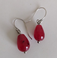 STERLING SILVER RED BERYL DROP EARRINGS -  UNUSED BOXED