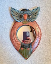 Vintage Handpainted Folk Art Wooden Owl Mirror Hand-carved Boho Whimsical